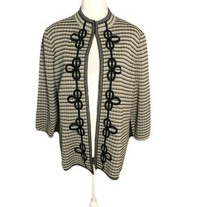 Ming Wang Womens Large Black Gray Striped Velvet Trim Quiet Luxury Knit Cardigan
